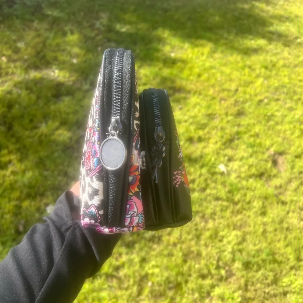 Ed Hardy Black Floral Heart Cosmetic Pouch with Pink & Red Accents